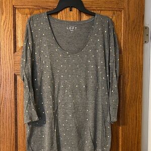 LOFT Gray and Rose Gold Polka Dot 3/4 Sleeve Top